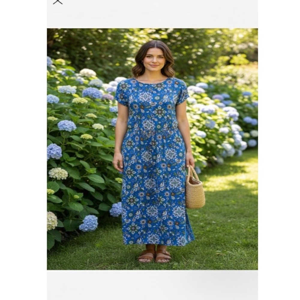 Boden Midi Dress Womens 10L Blue Floral Paisley Jersey‎ Knit Pockets Excellent